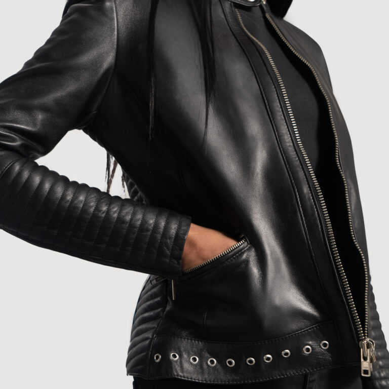 Womens Haley Ray Black Leather Biker Jacket Close-Up-9-1664296030345